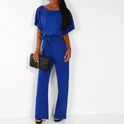 Damen Jumpsuit mit weiten Beinen und Bindegürtel – eleganter Kurzarm-Overall