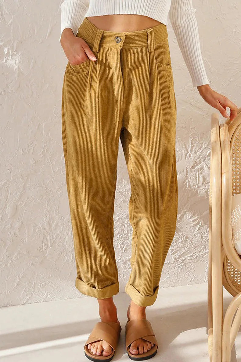 Damen Cordhose mit hohem Bund – lässige Hose mit elastischem Bund
