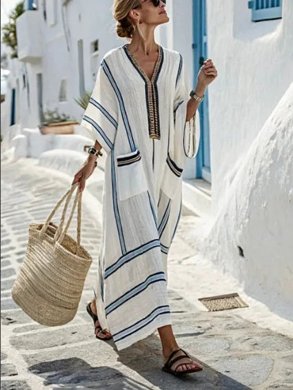 Damen Kaftan Maxikleid mit V-Ausschnitt und Taschen – luftiges Strandkleid