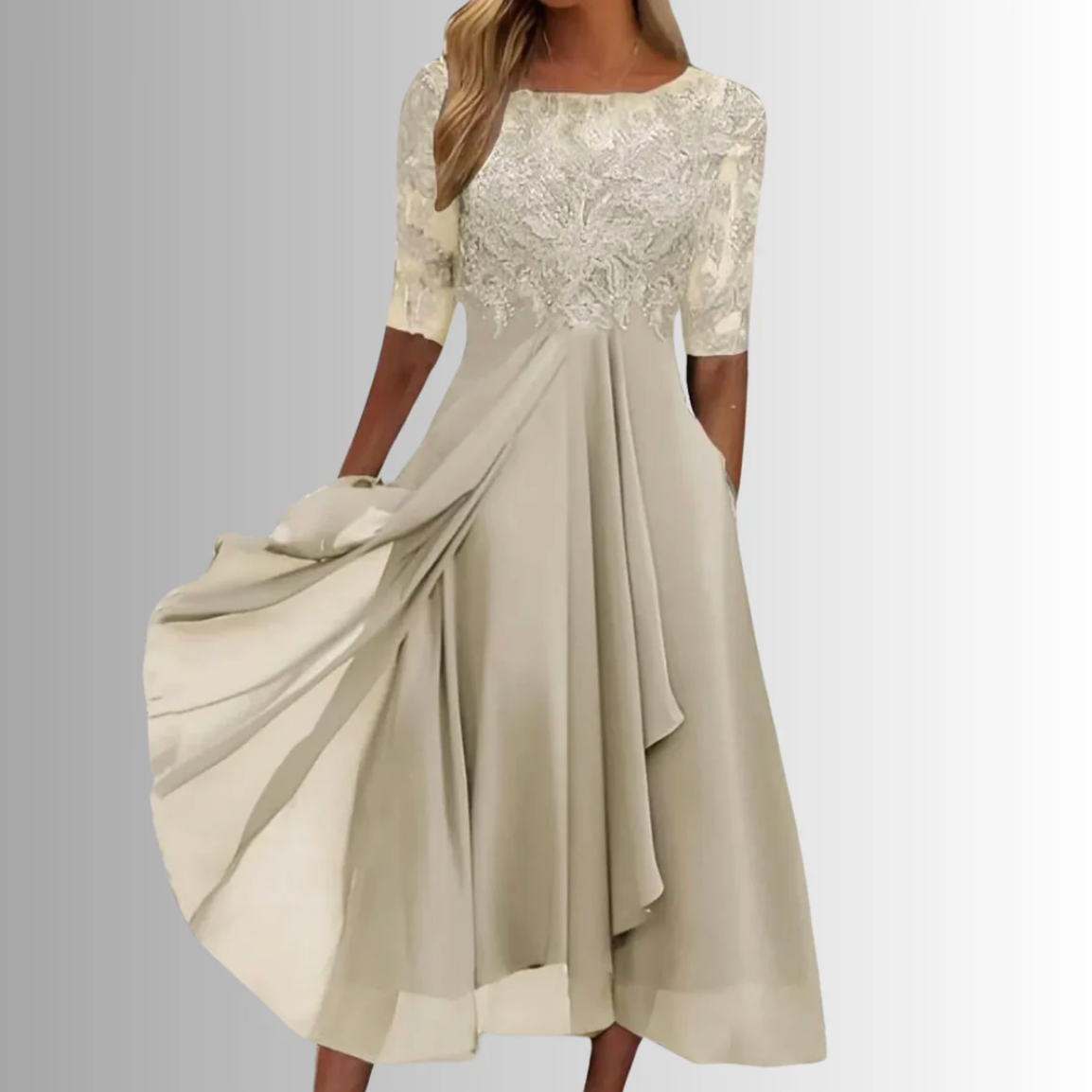 Elegantes Midi-Kleid mit Spitzenoberteil – feminine Leichtigkeit und zeitloser Stil