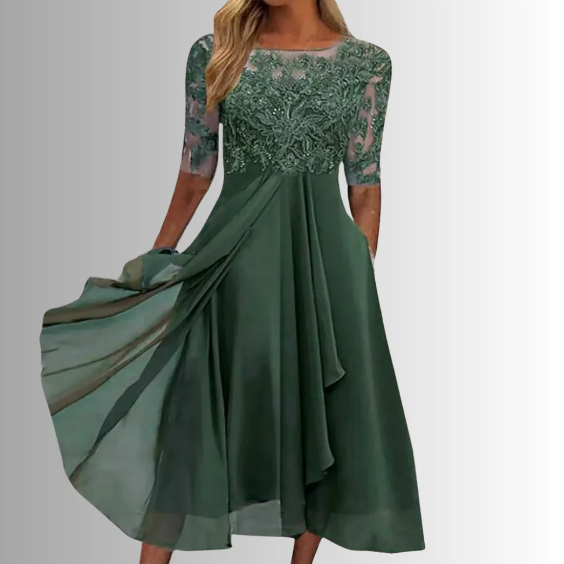 Elegantes Midi-Kleid mit Spitzenoberteil – feminine Leichtigkeit und zeitloser Stil