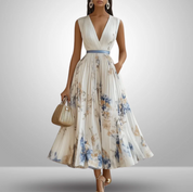 Damen Midi-Kleid mit V-Ausschnitt und ausgestelltem Rock