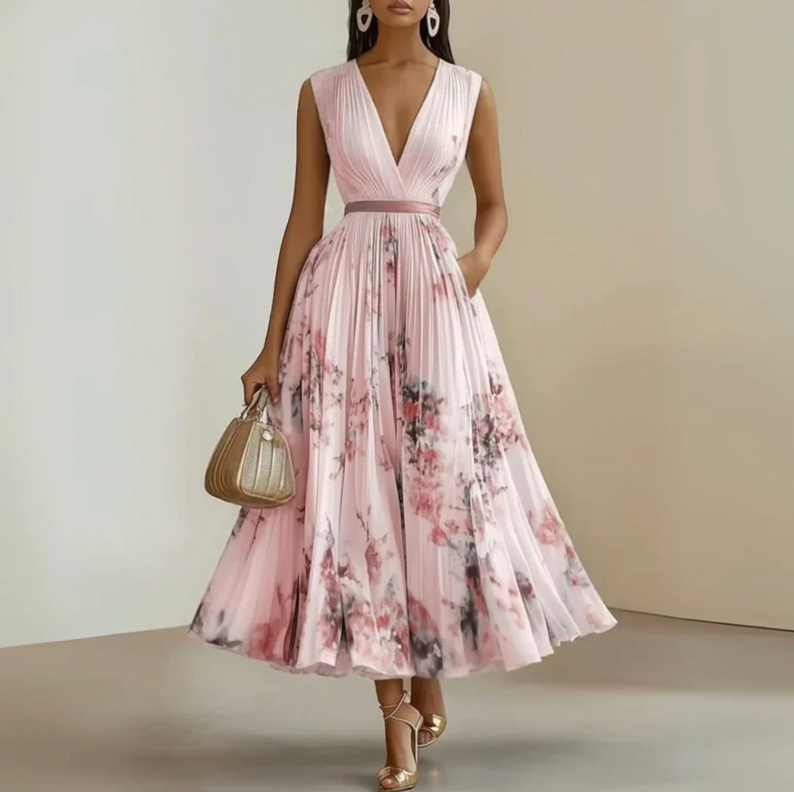 Damen Midi-Kleid mit V-Ausschnitt und ausgestelltem Rock