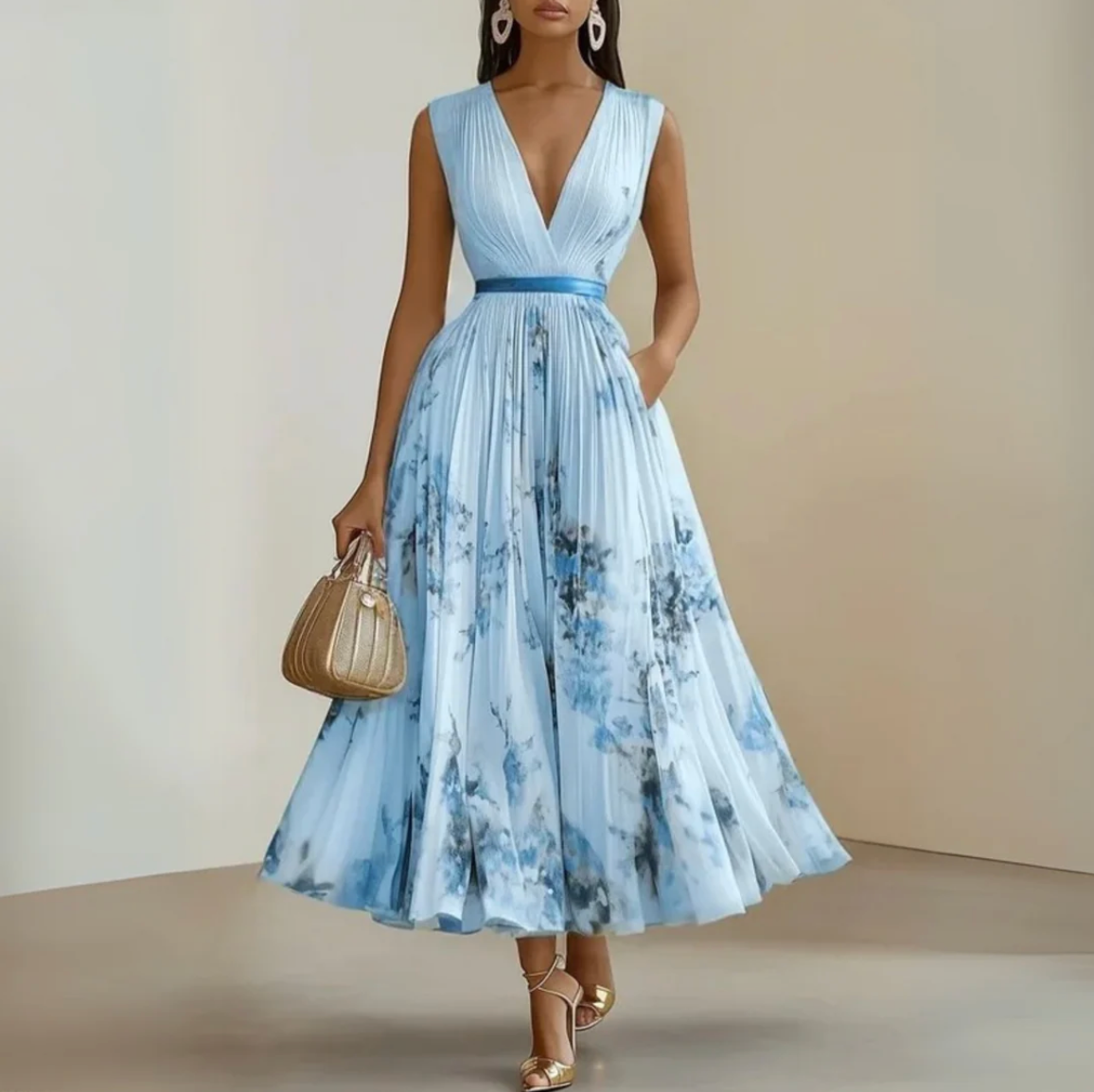 Damen Midi-Kleid mit V-Ausschnitt und ausgestelltem Rock