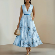 Damen Midi-Kleid mit V-Ausschnitt und ausgestelltem Rock