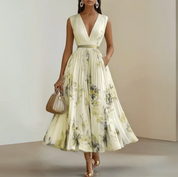Damen Midi-Kleid mit V-Ausschnitt und ausgestelltem Rock