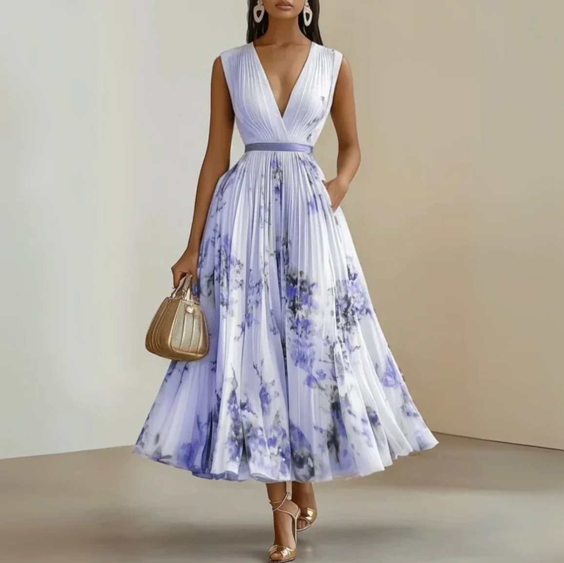 Damen Midi-Kleid mit V-Ausschnitt und ausgestelltem Rock