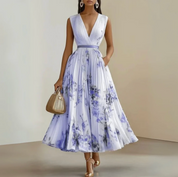 Damen Midi-Kleid mit V-Ausschnitt und ausgestelltem Rock