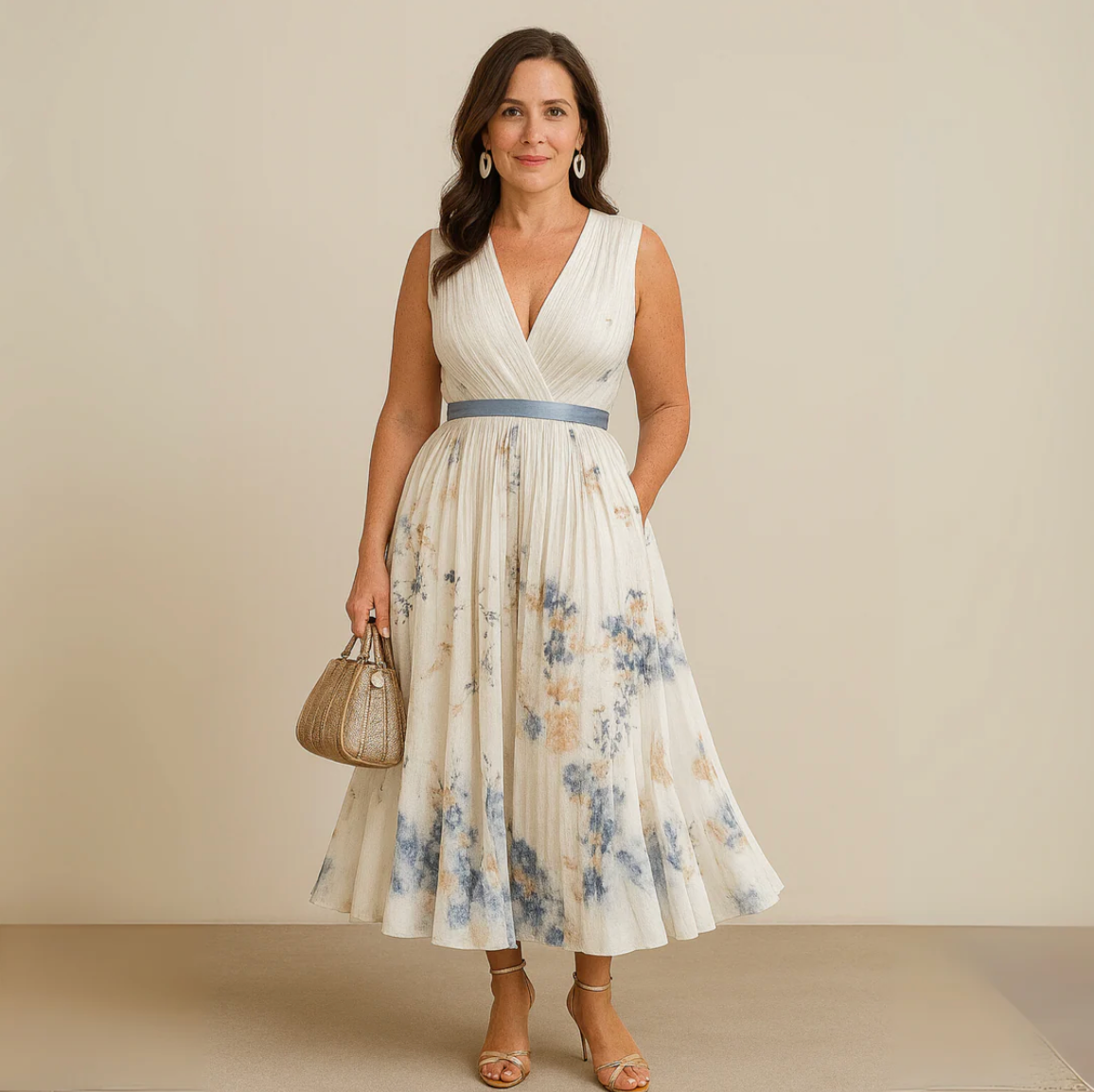 Damen Midi-Kleid mit V-Ausschnitt und ausgestelltem Rock