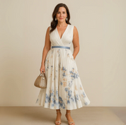 Damen Midi-Kleid mit V-Ausschnitt und ausgestelltem Rock
