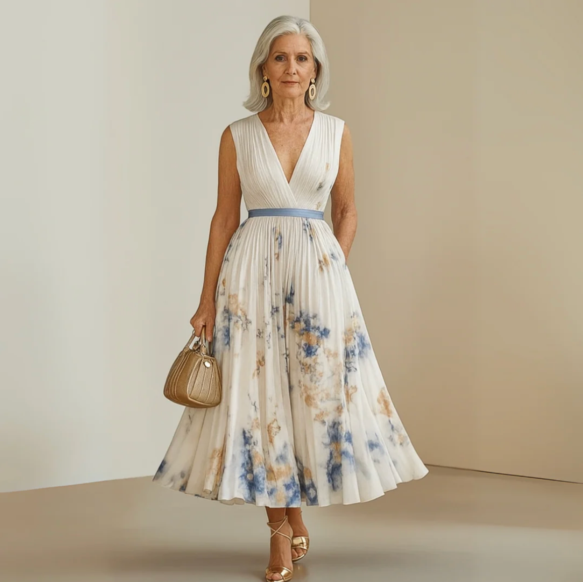 Damen Midi-Kleid mit V-Ausschnitt und ausgestelltem Rock