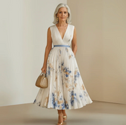 Damen Midi-Kleid mit V-Ausschnitt und ausgestelltem Rock