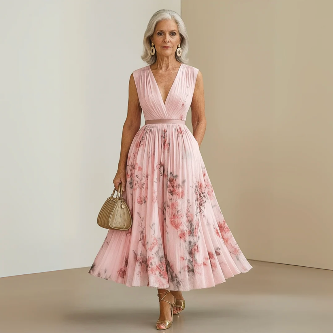 Damen Midi-Kleid mit V-Ausschnitt und ausgestelltem Rock