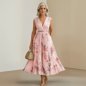 Damen Midi-Kleid mit V-Ausschnitt und ausgestelltem Rock