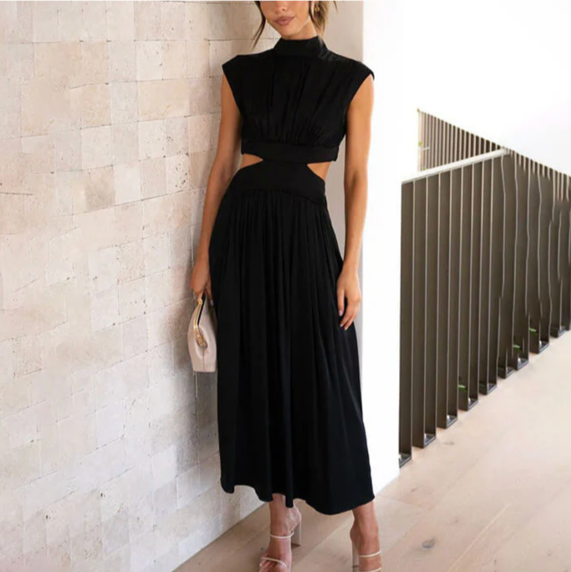 Damen Midi-Kleid mit Bindegürtel und geschlossenem Ausschnitt – elegant und leicht