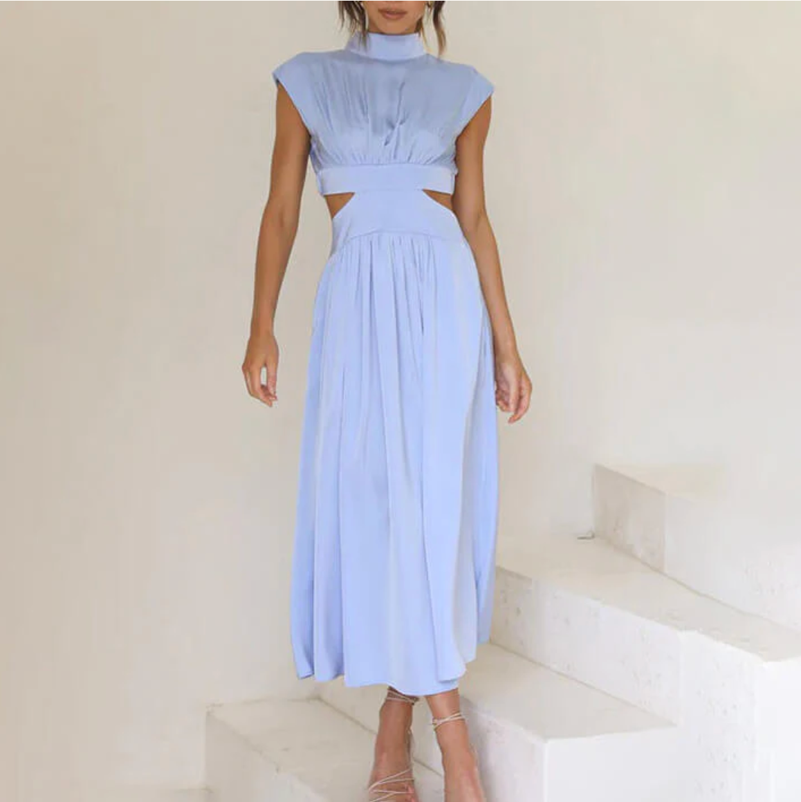 Damen Midi-Kleid mit Bindegürtel und geschlossenem Ausschnitt – elegant und leicht