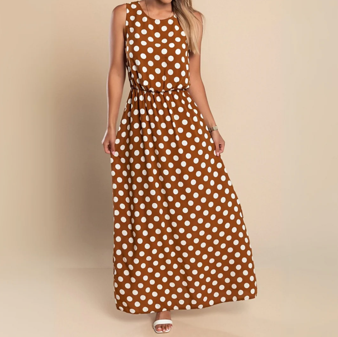 Damen Maxi-Kleid mit Punktemuster – leichtes, ärmelloses Sommerkleid