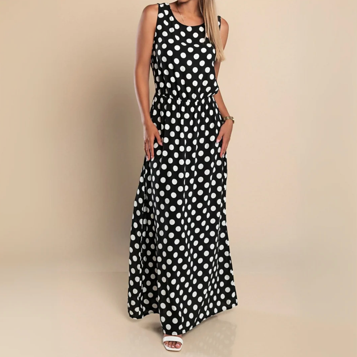 Damen Maxi-Kleid mit Punktemuster – leichtes, ärmelloses Sommerkleid