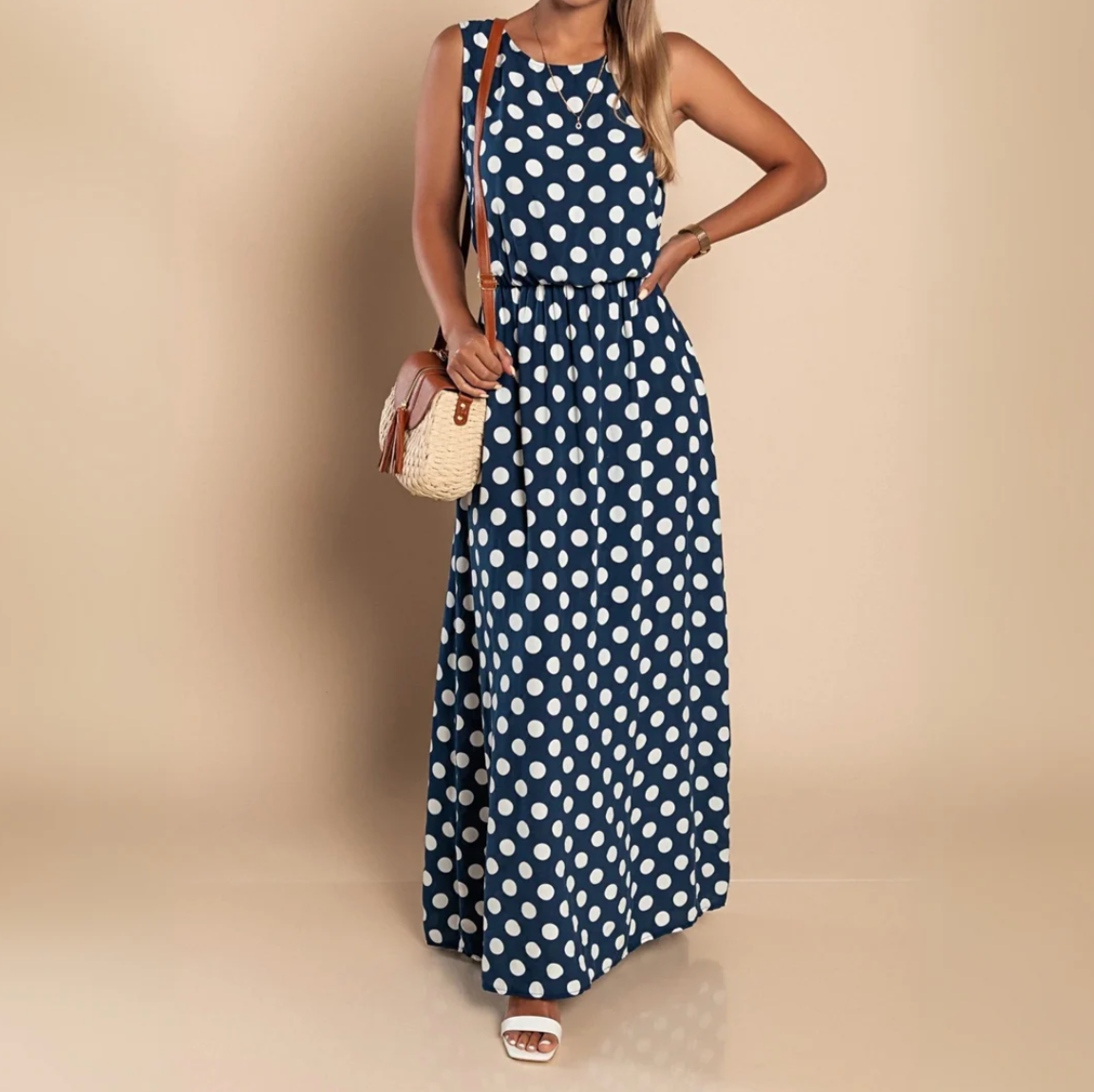 Damen Maxi-Kleid mit Punktemuster – leichtes, ärmelloses Sommerkleid