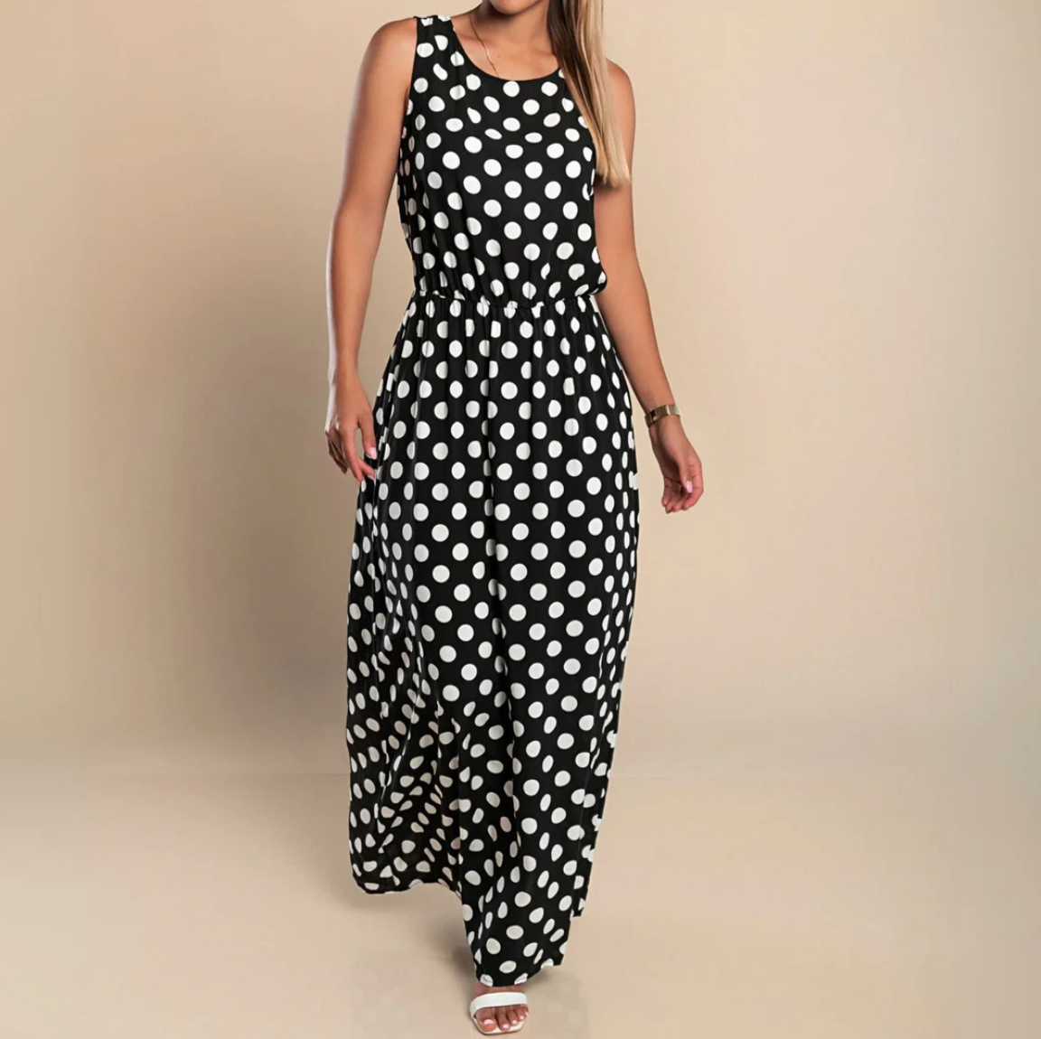 Damen Maxi-Kleid mit Punktemuster – leichtes, ärmelloses Sommerkleid