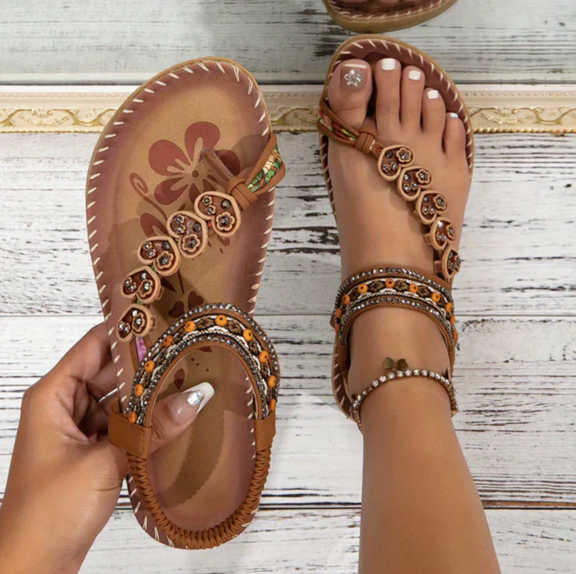 Damen Boho-Sandalen – leichte Sandalen mit flacher Sohle