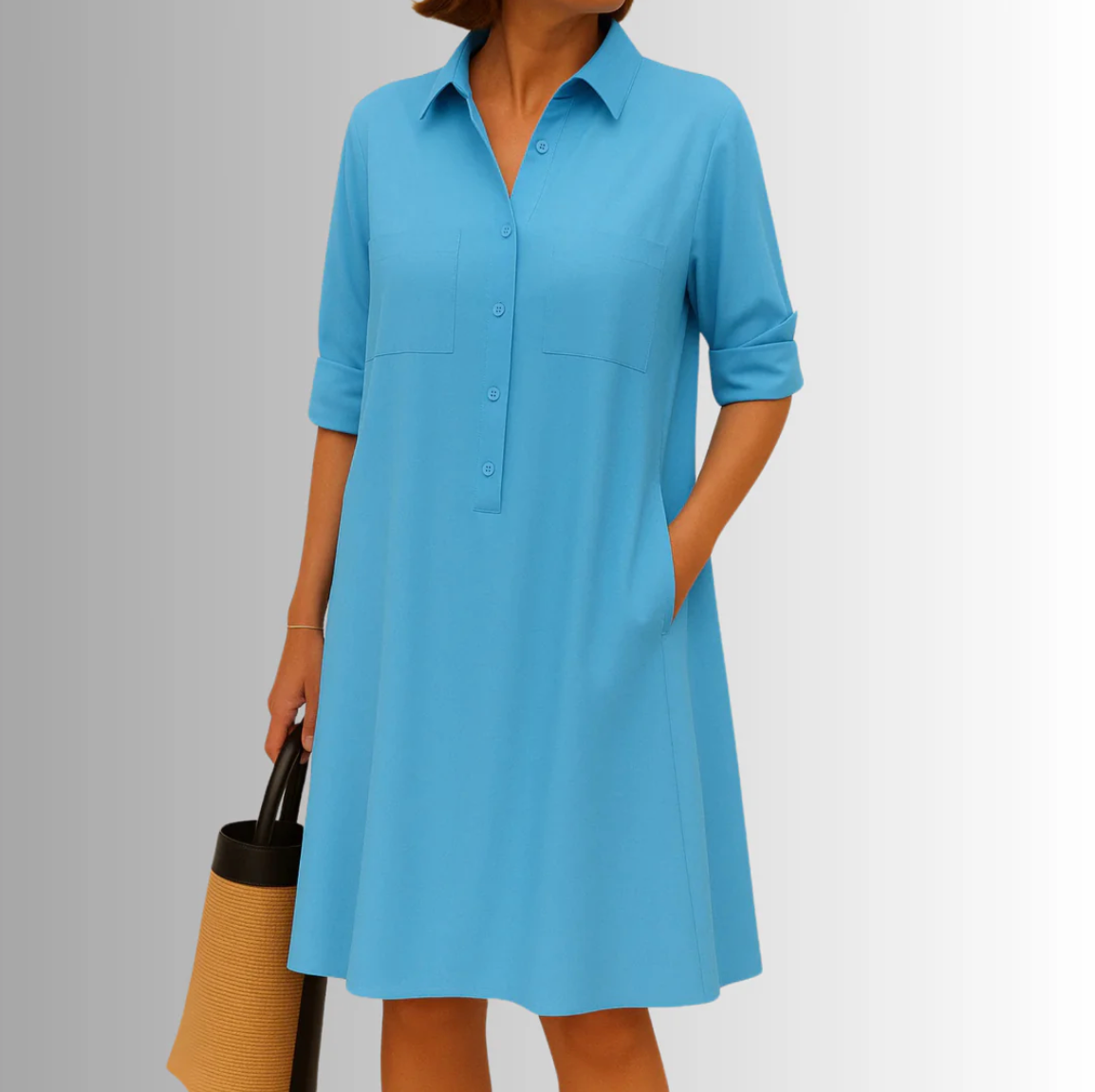 Damen Hemdblusenkleid im A-Linien-Schnitt mit Kragen, Knöpfen und Taschen
