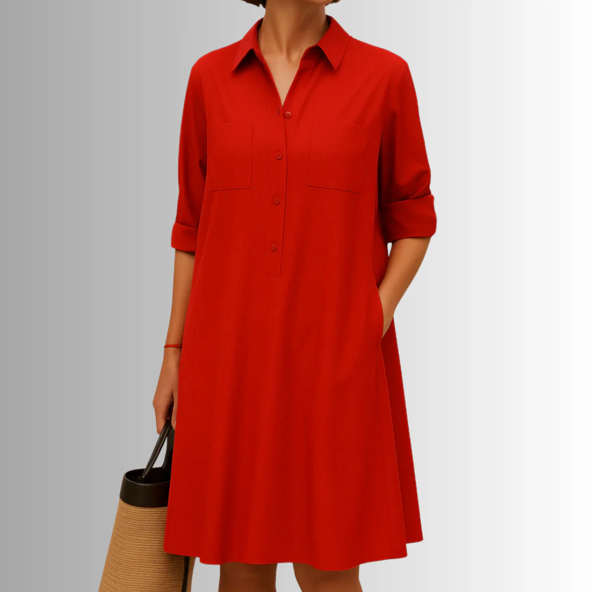 Damen Hemdblusenkleid im A-Linien-Schnitt mit Kragen, Knöpfen und Taschen