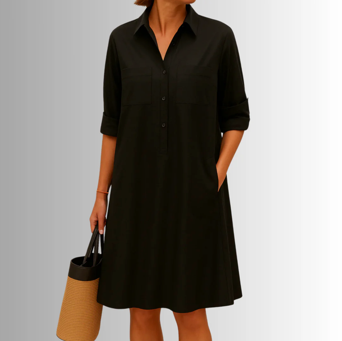 Damen Hemdblusenkleid im A-Linien-Schnitt mit Kragen, Knöpfen und Taschen