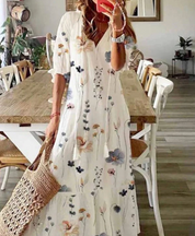Damen Boho Maxikleid mit Blumenmuster und V-Ausschnitt