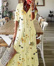 Damen Boho Maxikleid mit Blumenmuster und V-Ausschnitt