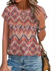 Damen Top mit Muster und kurzen Ärmeln – leichtes Casual-Top mit Rundhalsausschnitt