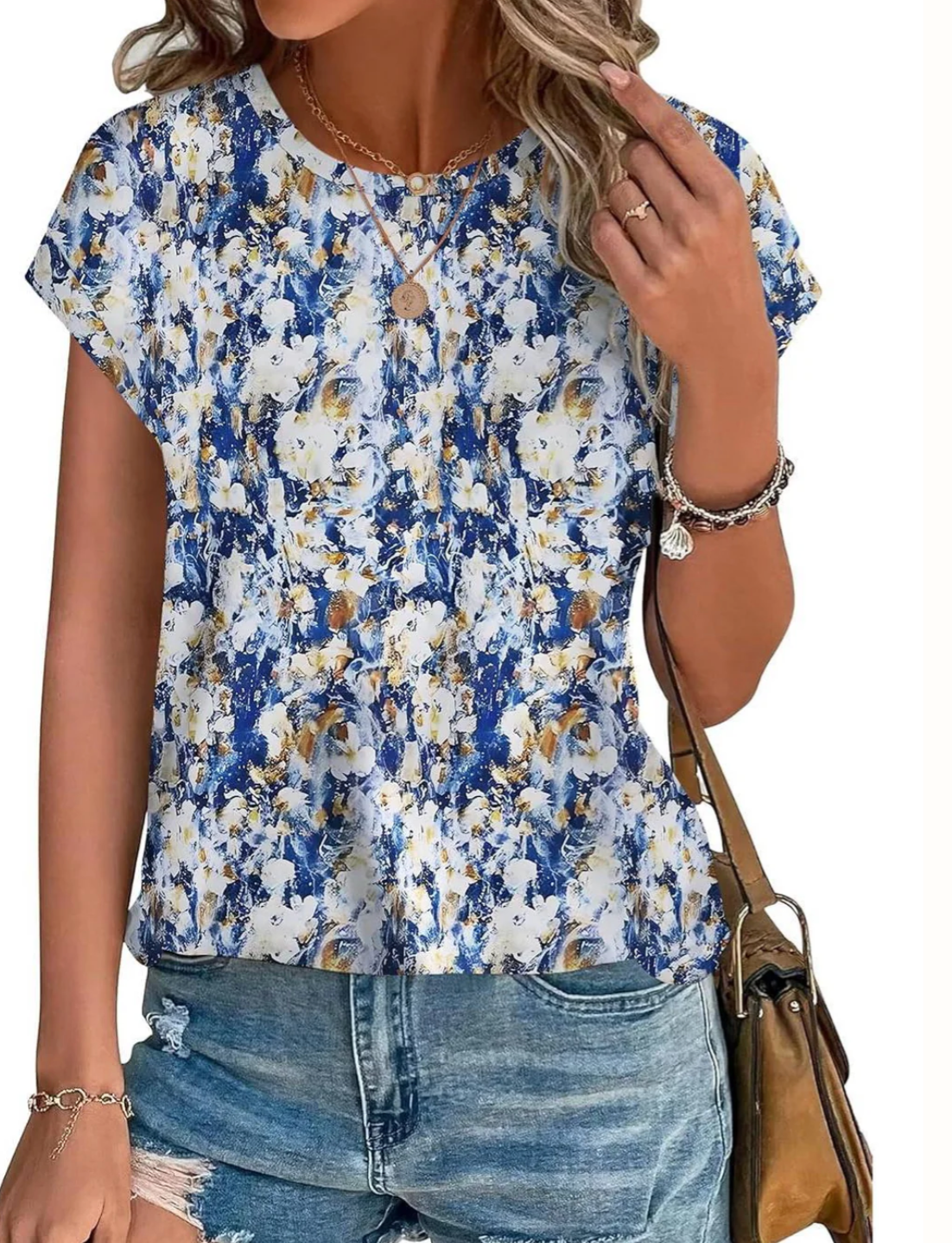 Damen Top mit Muster und kurzen Ärmeln – leichtes Casual-Top mit Rundhalsausschnitt