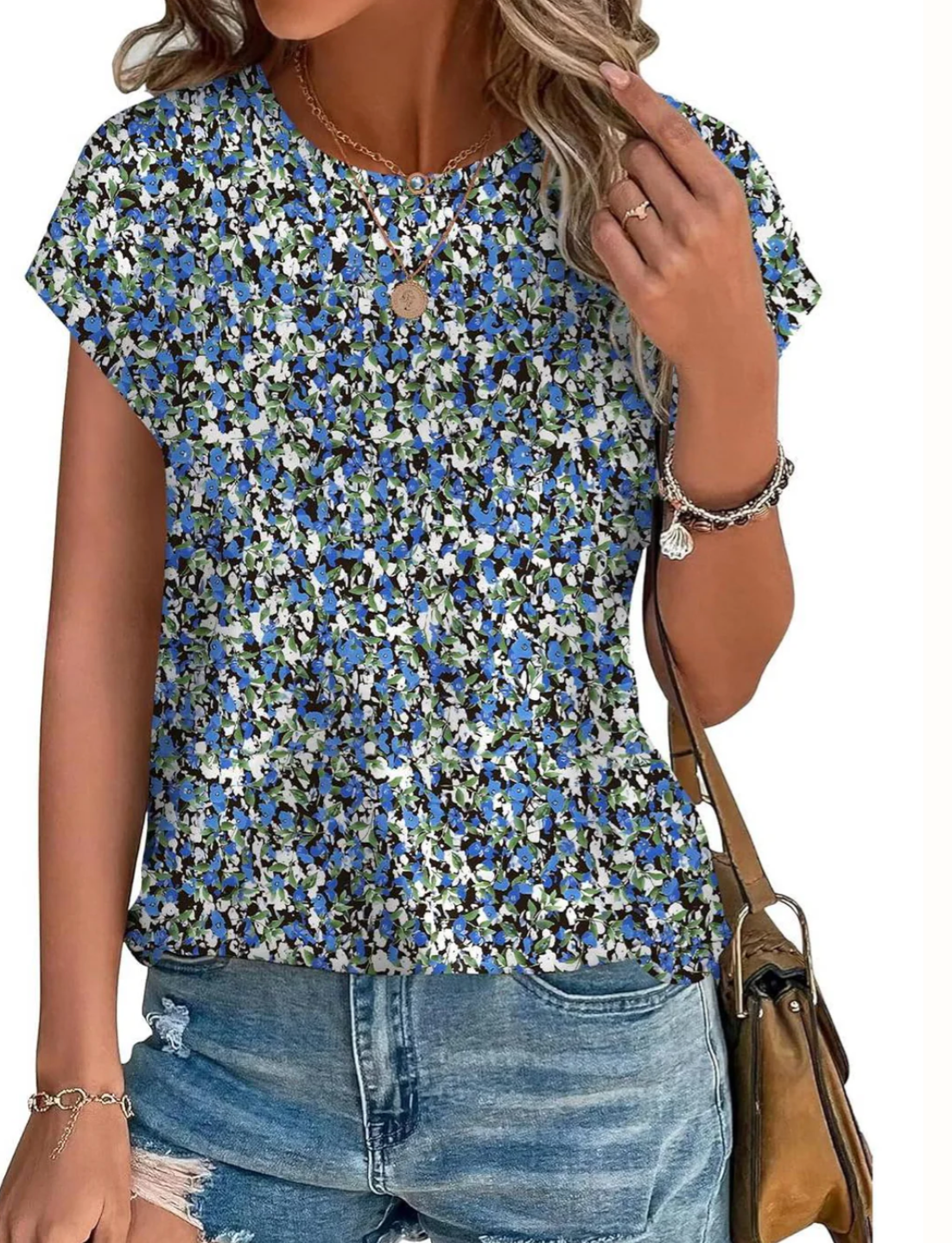 Damen Top mit Muster und kurzen Ärmeln – leichtes Casual-Top mit Rundhalsausschnitt