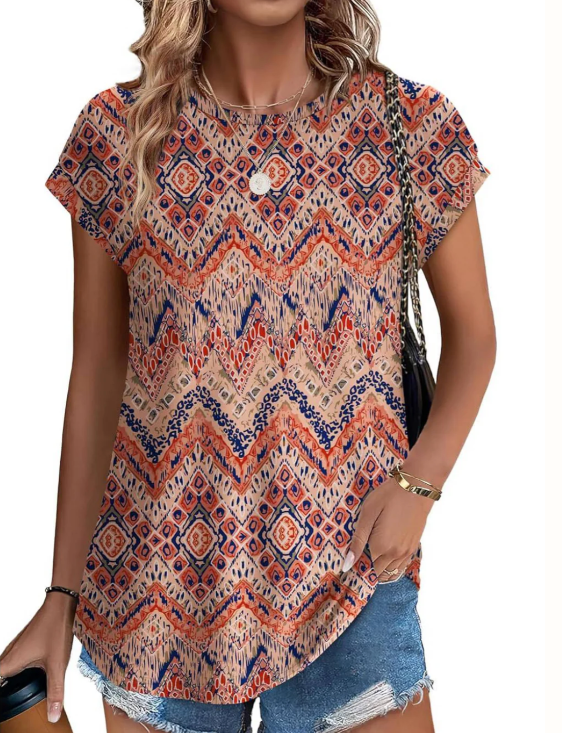 Damen Top mit Muster und kurzen Ärmeln – leichtes Casual-Top mit Rundhalsausschnitt