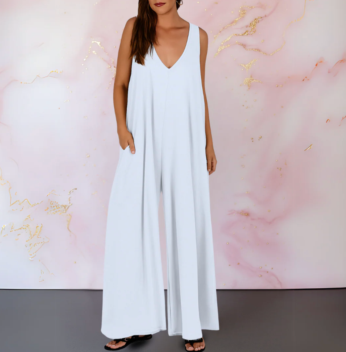 Damen Oversize Jumpsuit mit weiten Hosenbeinen – ärmelloser Jumpsuit mit Taschen