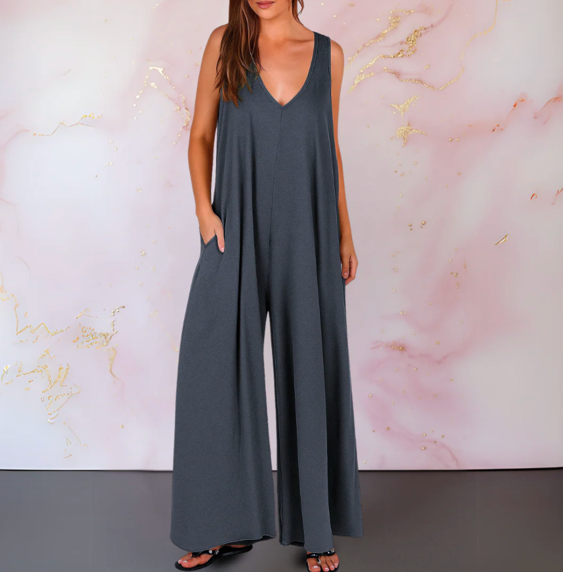 Damen Oversize Jumpsuit mit weiten Hosenbeinen – ärmelloser Jumpsuit mit Taschen