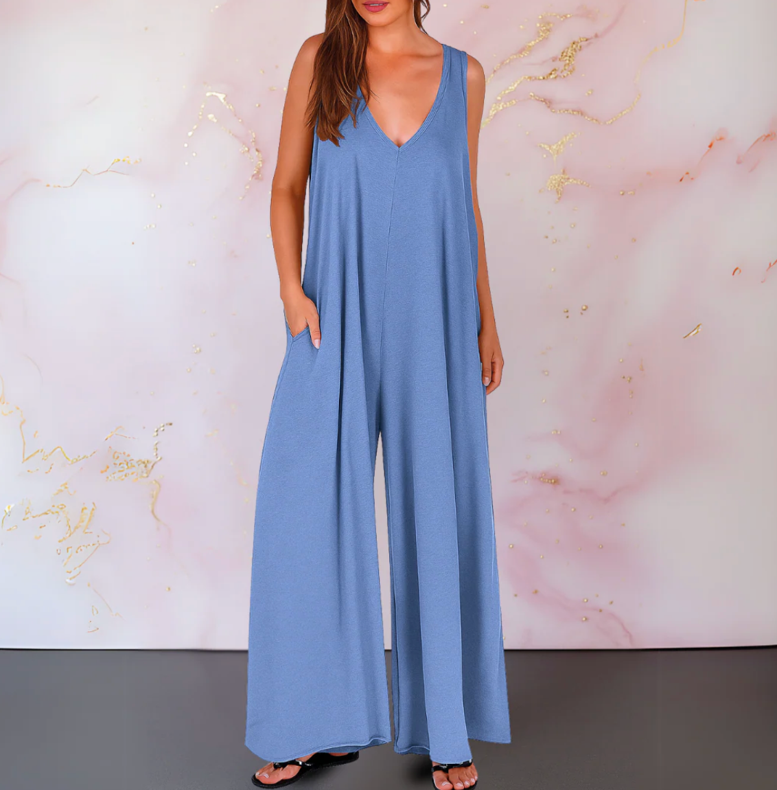 Damen Oversize Jumpsuit mit weiten Hosenbeinen – ärmelloser Jumpsuit mit Taschen