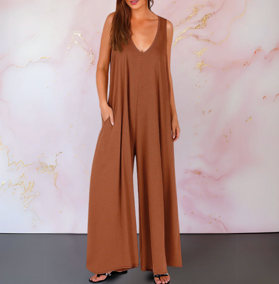 Damen Oversize Jumpsuit mit weiten Hosenbeinen – ärmelloser Jumpsuit mit Taschen