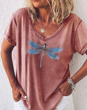Damen T-Shirt mit Libellen-Print – lockeres V-Neck mit kurzen Ärmeln