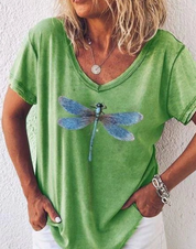 Damen T-Shirt mit Libellen-Print – lockeres V-Neck mit kurzen Ärmeln