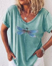Damen T-Shirt mit Libellen-Print – lockeres V-Neck mit kurzen Ärmeln