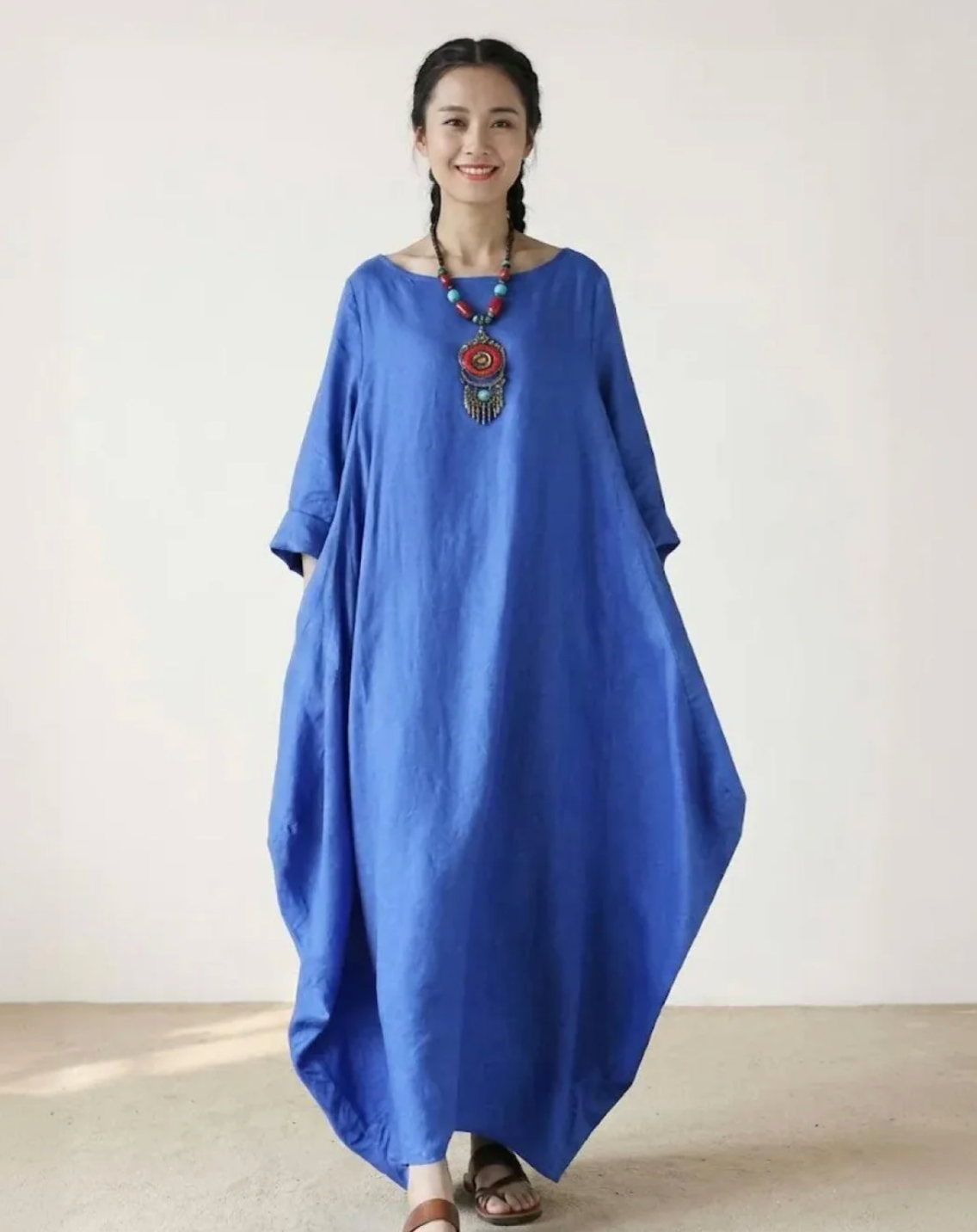Damen Oversize Maxikleid mit 3/4-Ärmeln und Taschen