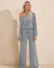 Damen Jogginganzug 2-teilig – Oversize Sweatshirt und Wide-Leg-Hose mit hohem Bund