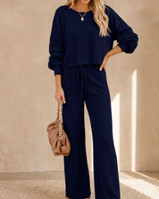 Damen Jogginganzug 2-teilig – Oversize Sweatshirt und Wide-Leg-Hose mit hohem Bund