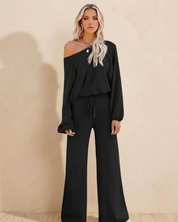 Damen Jogginganzug 2-teilig – Oversize Sweatshirt und Wide-Leg-Hose mit hohem Bund