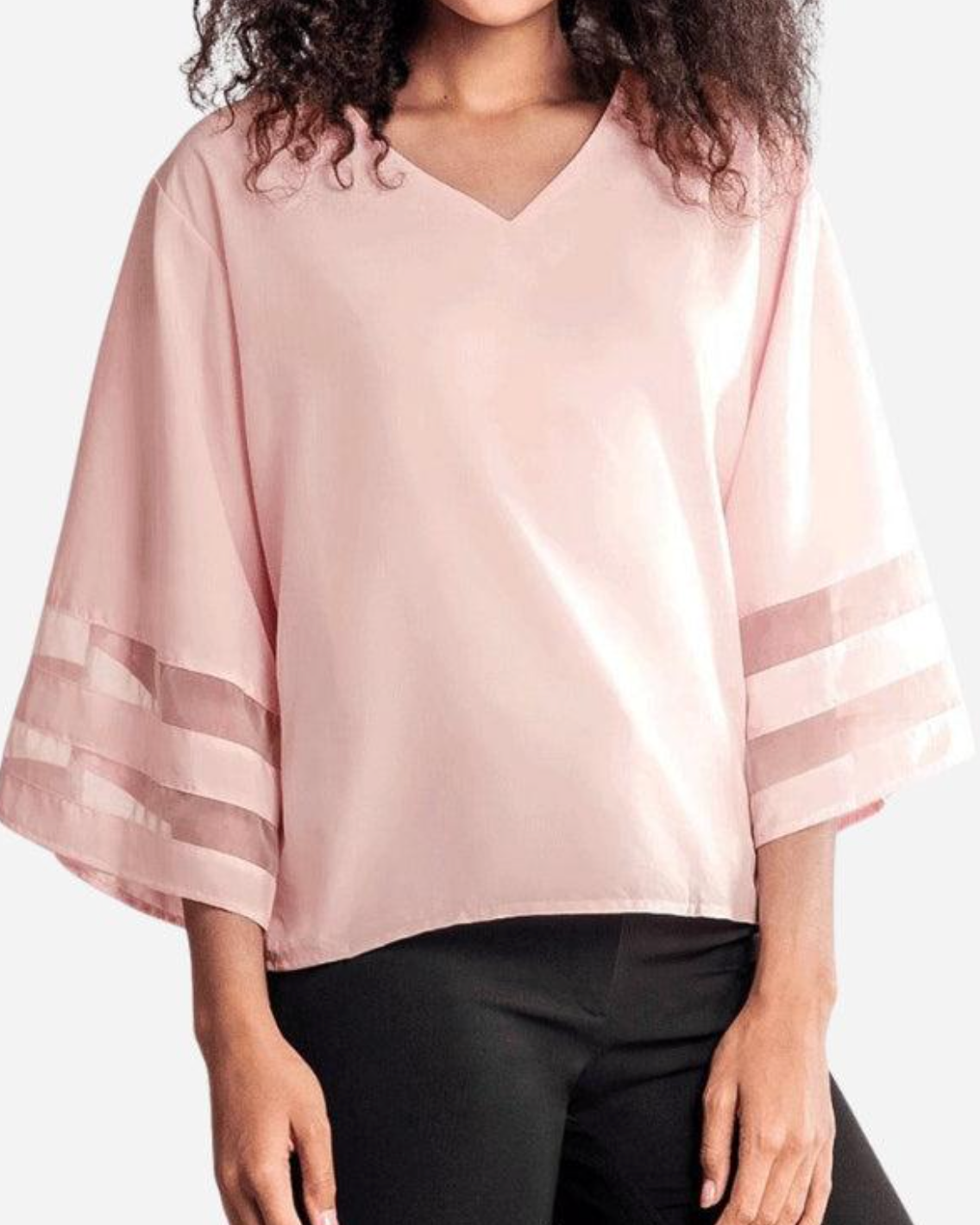 Damen Bluse mit V-Ausschnitt und Trompetenärmeln – elegante Bluse mit transparenten Mesh-Einsätzen