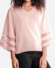 Damen Bluse mit V-Ausschnitt und Trompetenärmeln – elegante Bluse mit transparenten Mesh-Einsätzen