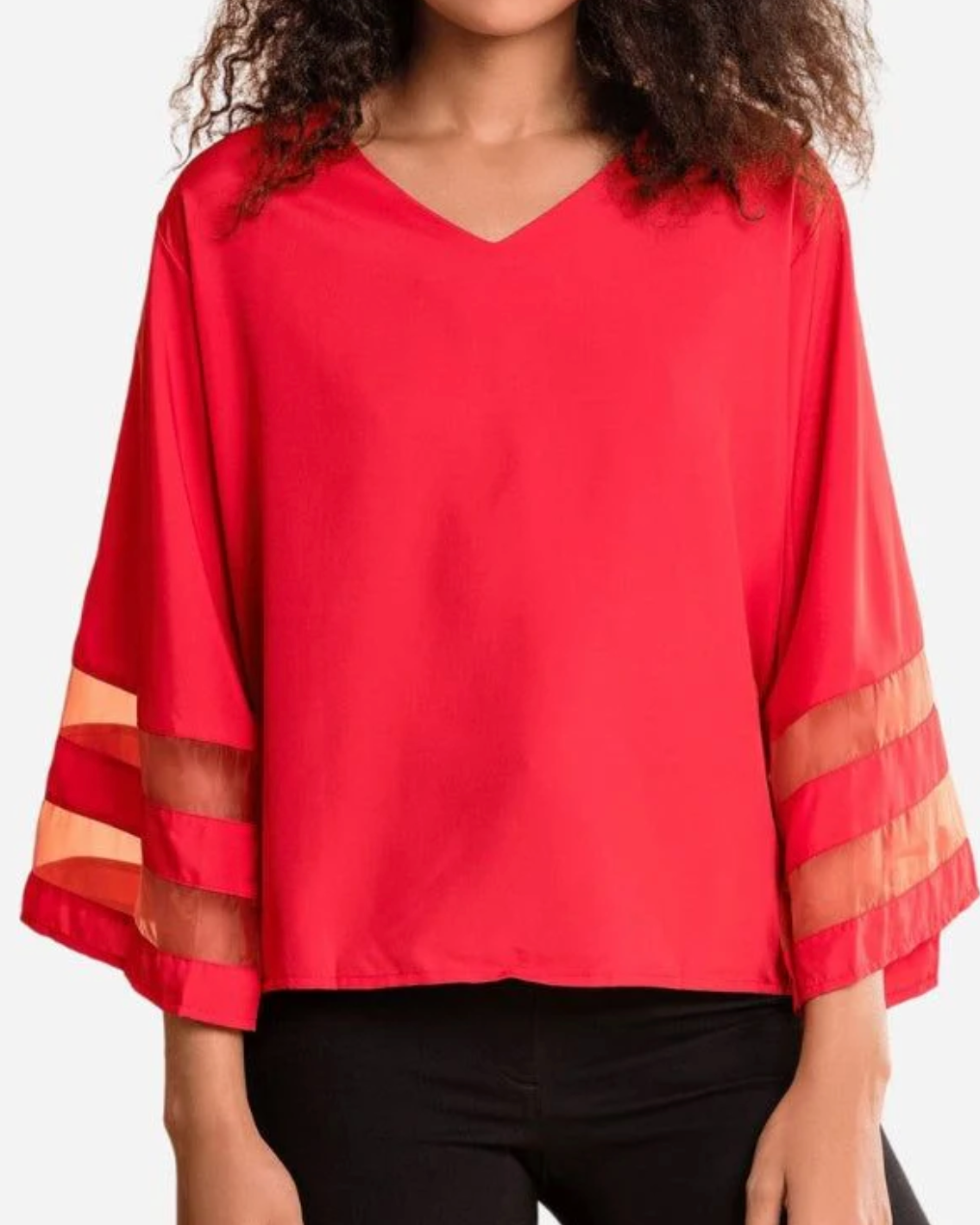 Damen Bluse mit V-Ausschnitt und Trompetenärmeln – elegante Bluse mit transparenten Mesh-Einsätzen