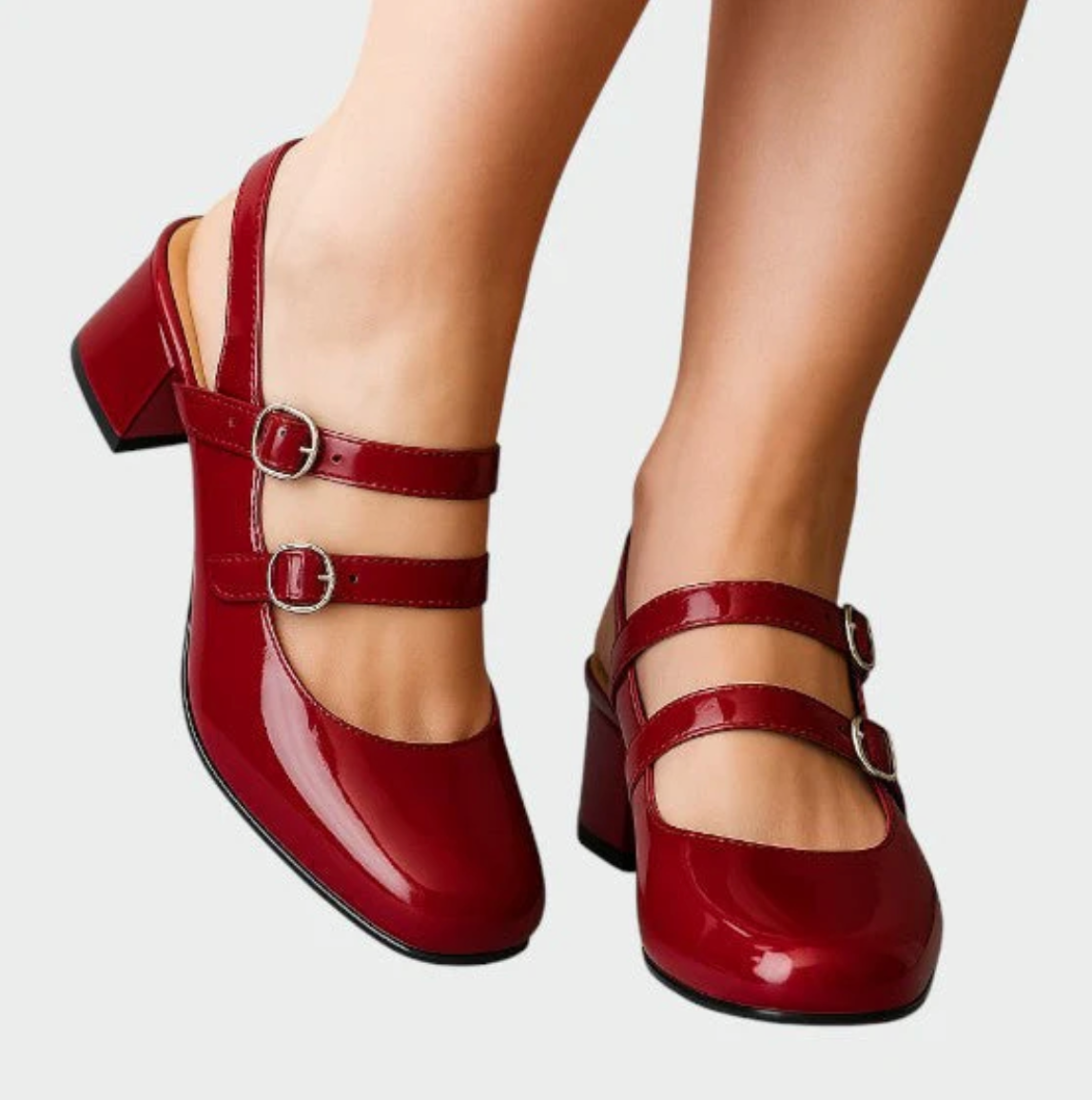Damen Lackpumps Slingback mit Blockabsatz – elegante Schuhe mit Doppelriemen und Schnallen