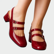 Damen Lackpumps Slingback mit Blockabsatz – elegante Schuhe mit Doppelriemen und Schnallen